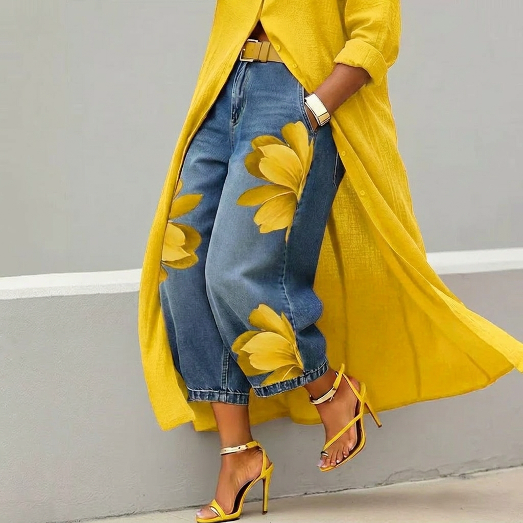Beatrix | Elegante Calça jeans amarela de corte folgado