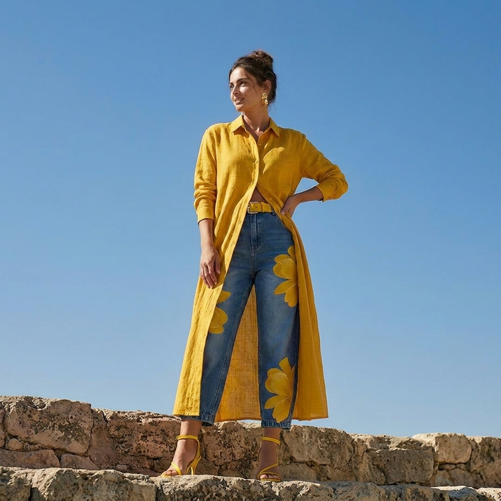 Beatrix | Elegante Calça jeans amarela de corte folgado