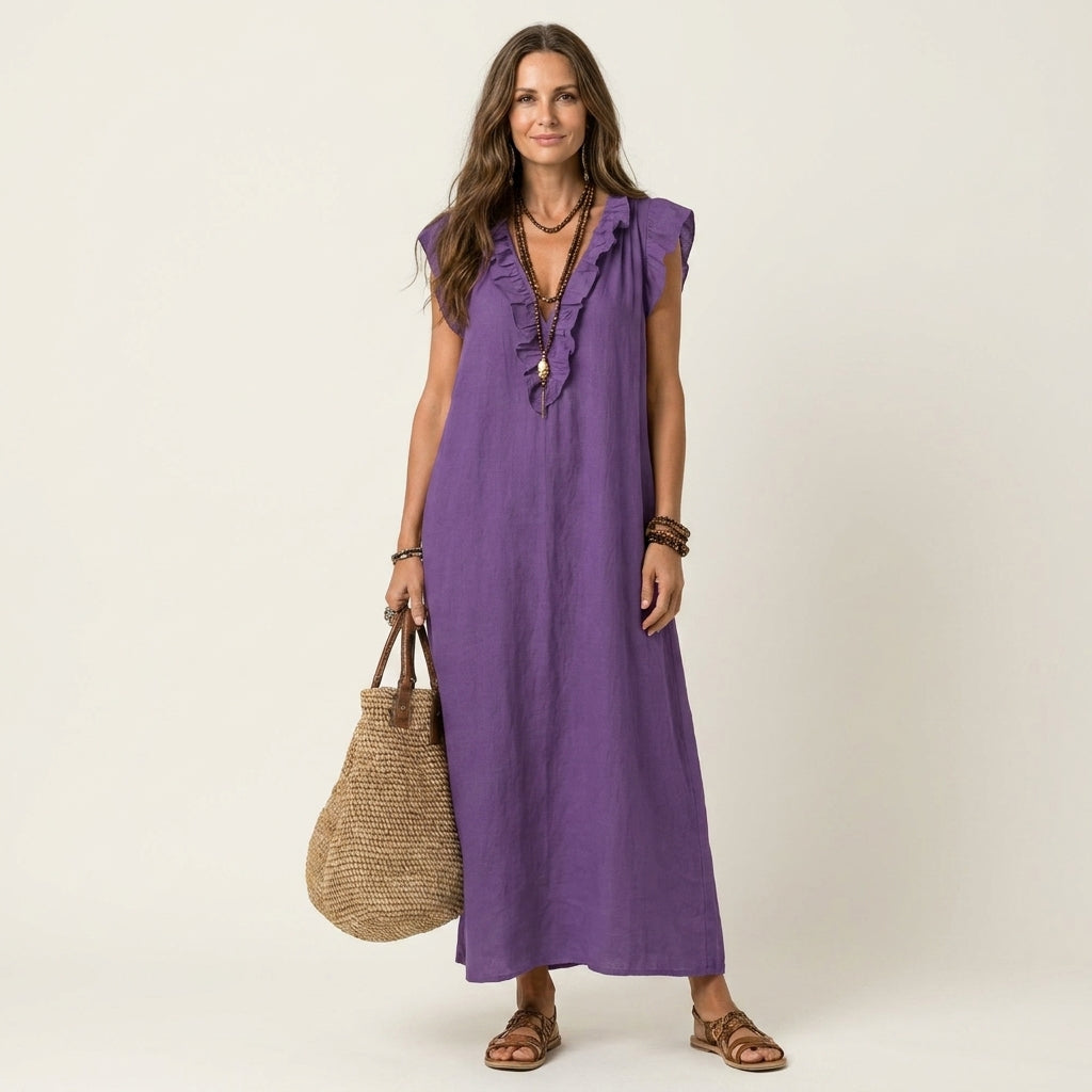 Maria | Vestido Maxi de Linho Decote em V com Folhos