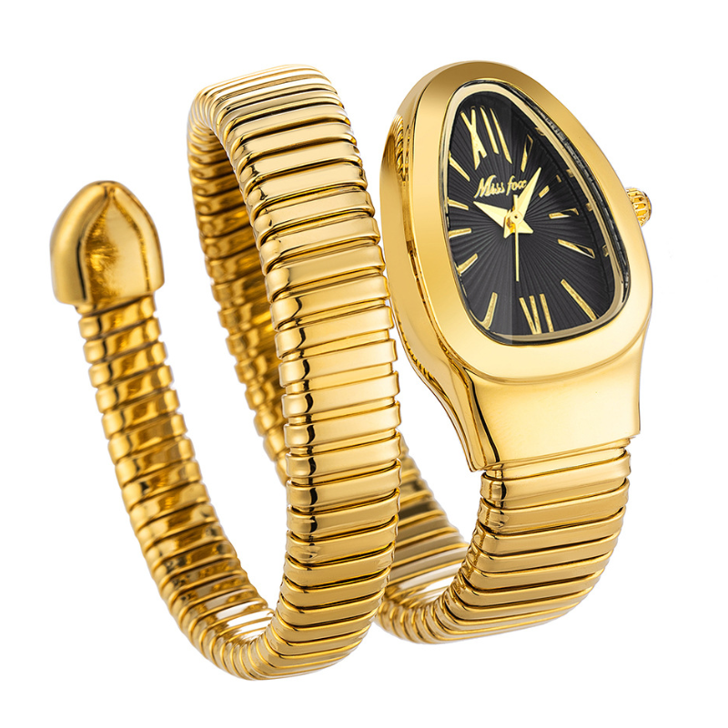 Serpent Relógio com mostrador preto em cobra – Pulseira dourada de laço duplo, relógio de quartzo