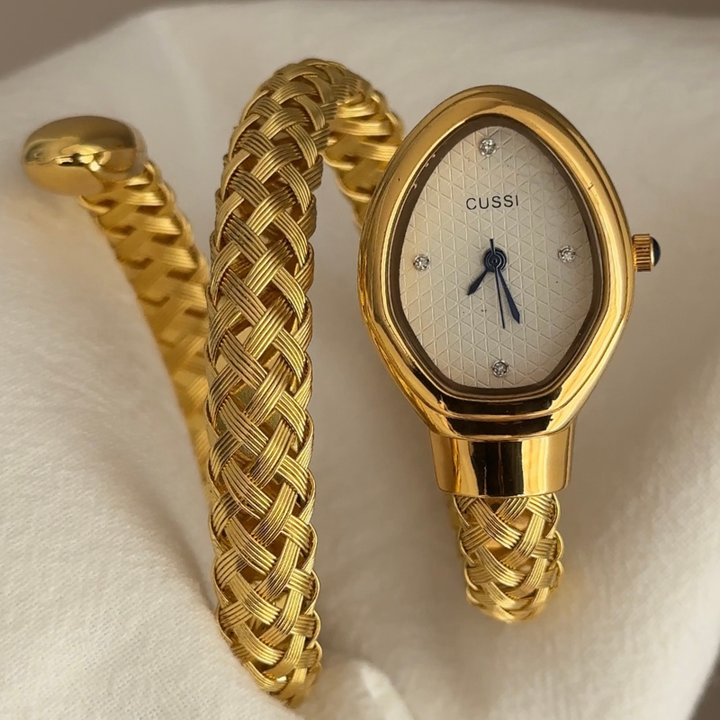 Relógio Serpenti Vintage com pulseira de serpente para mulheres – Relógio de quartzo com mostrador branco em tom dourado