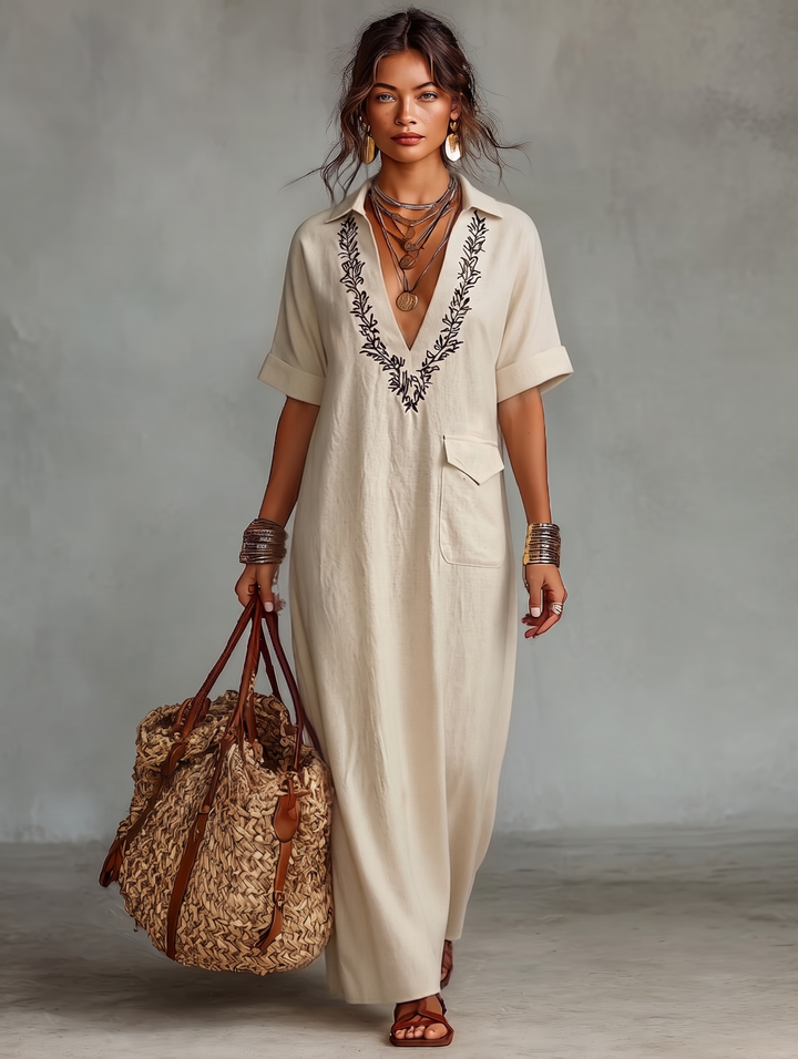 Vestido maxi feminino bordado em mistura de linho com mangas curtas