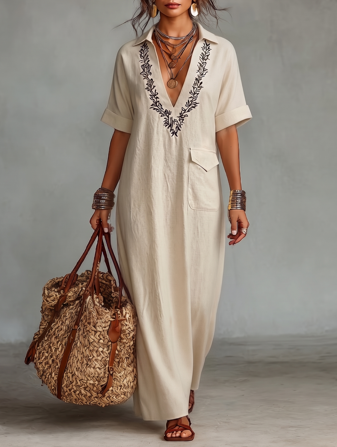 Vestido maxi feminino bordado em mistura de linho com mangas curtas