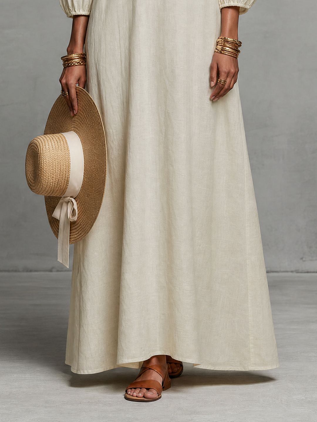 Vestido Maxi Feminino Minimalista Ombro a Descoberto com Manga 3/4 Bordado