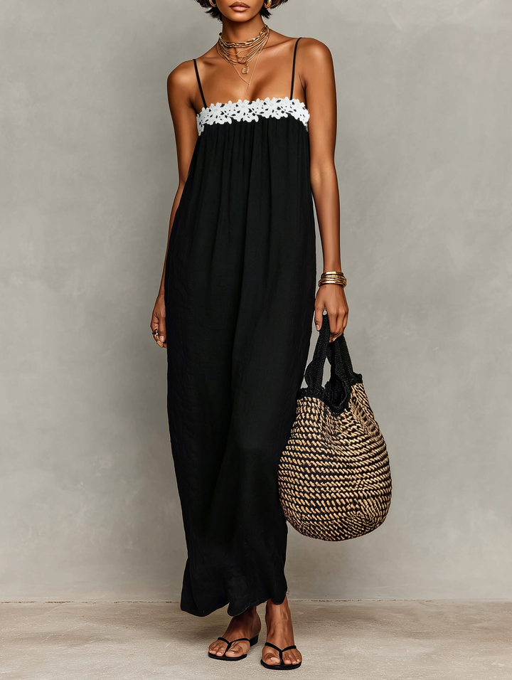 Vestido Maxi Feminino Minimalista de Linho Misturado com Painéis de Renda,  com Alças Finas