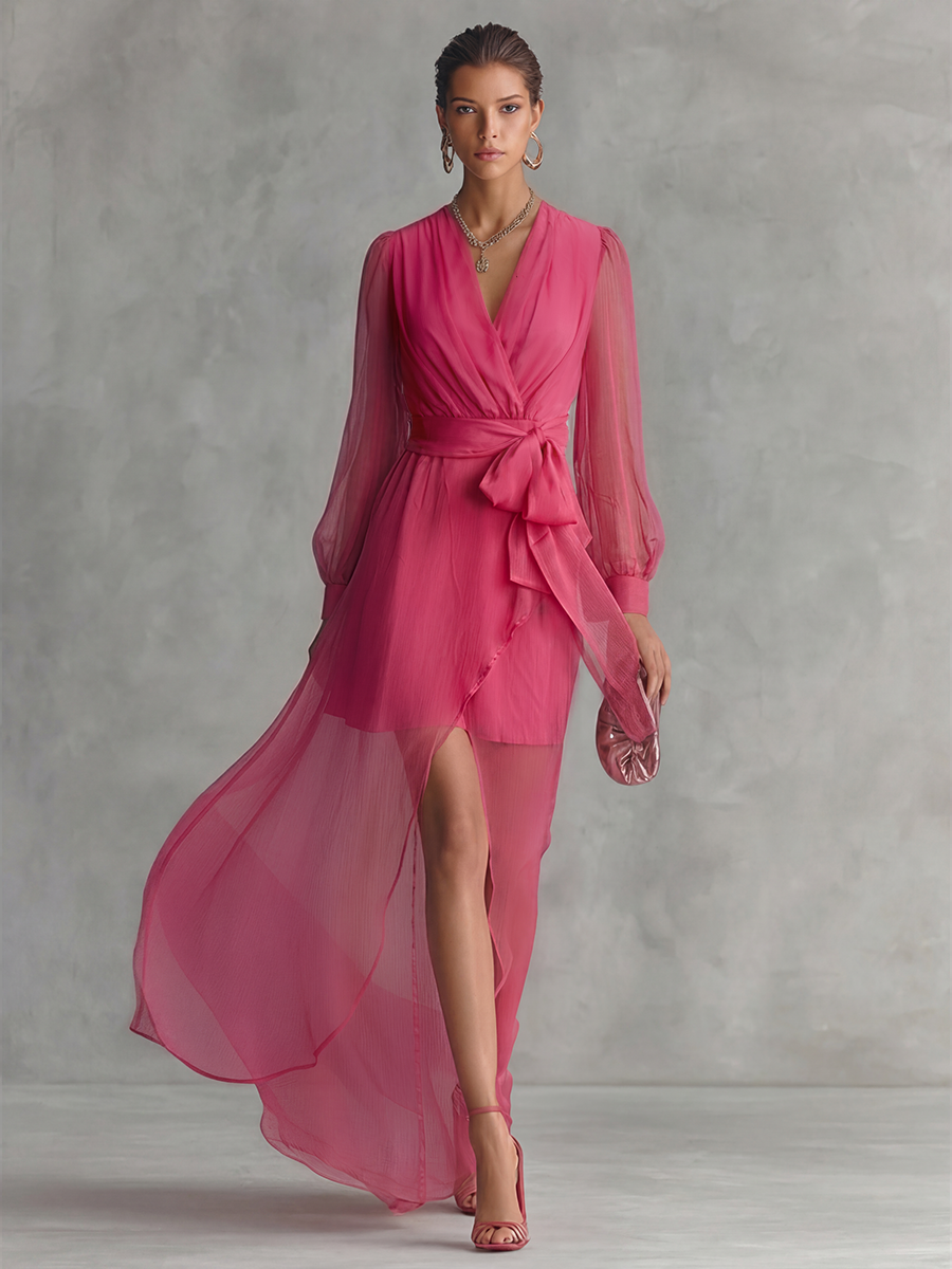 Emília | Vestido longo elegante de chiffon rosa pérola com decote em V