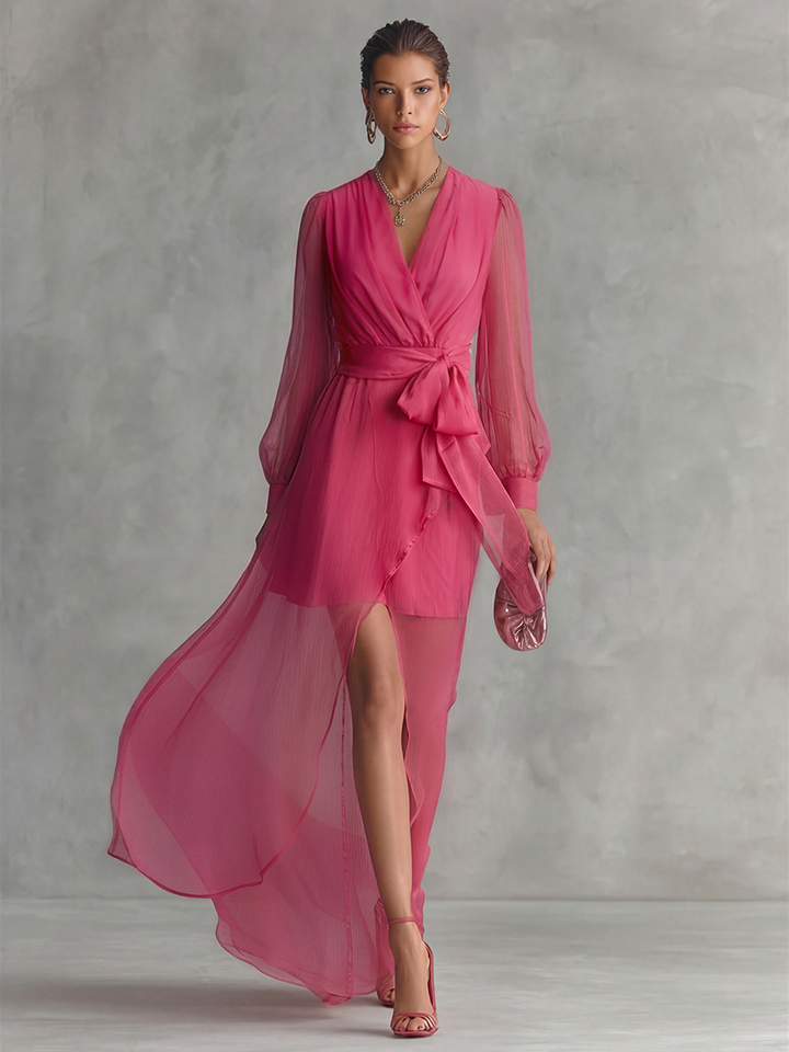Emília | Vestido longo elegante de chiffon rosa pérola com decote em V