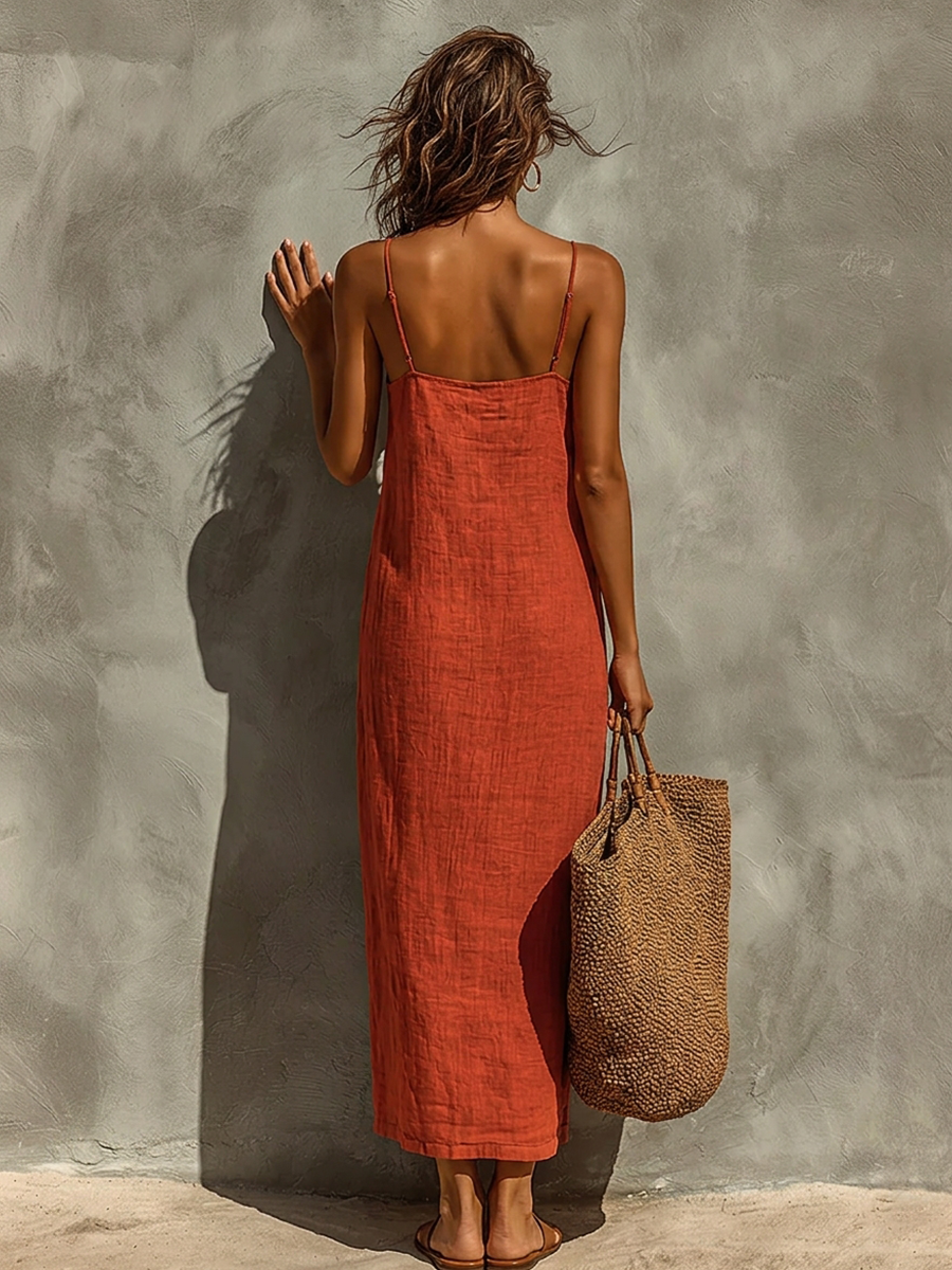 Vestido feminino vermelho de algodão com alças finas e decote quadrado