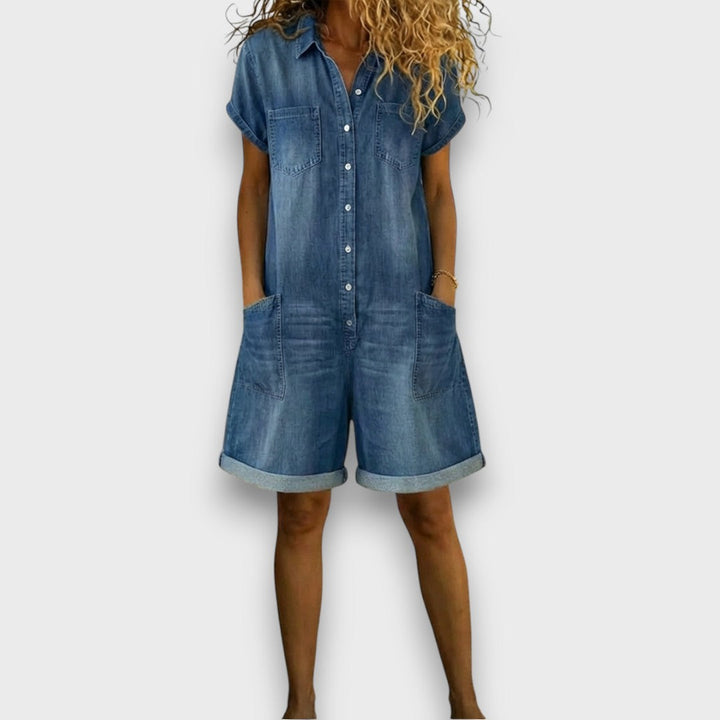 Joan™ | Jardineira curta em algodão com efeito denim