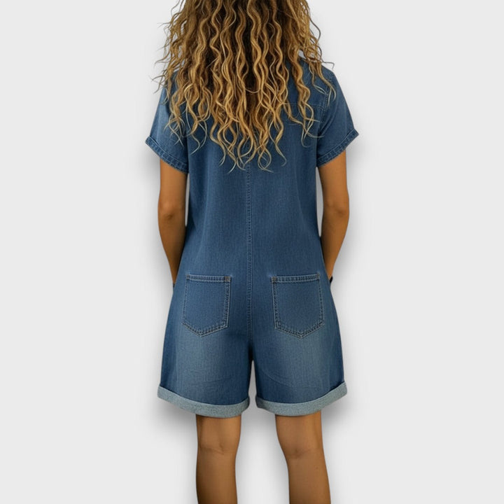 Joan™ | Jardineira curta em algodão com efeito denim