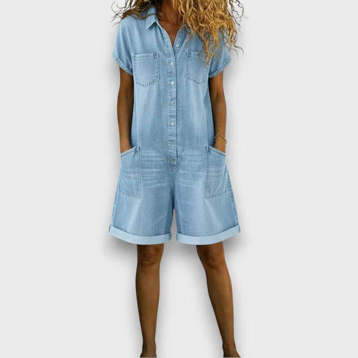 Joan™ | Jardineira curta em algodão com efeito denim