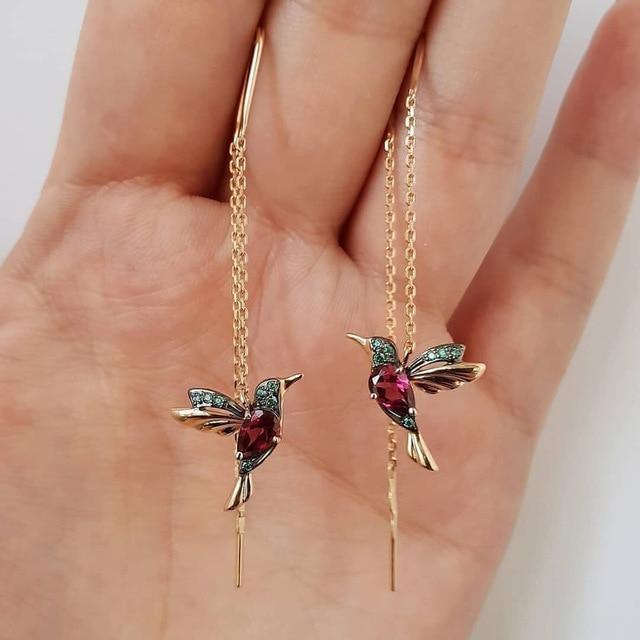 Brincos esmaltados com beija-flor e zircónias
