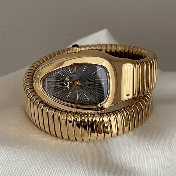 Serpent Relógio com mostrador preto em cobra – Pulseira dourada de laço duplo, relógio de quartzo