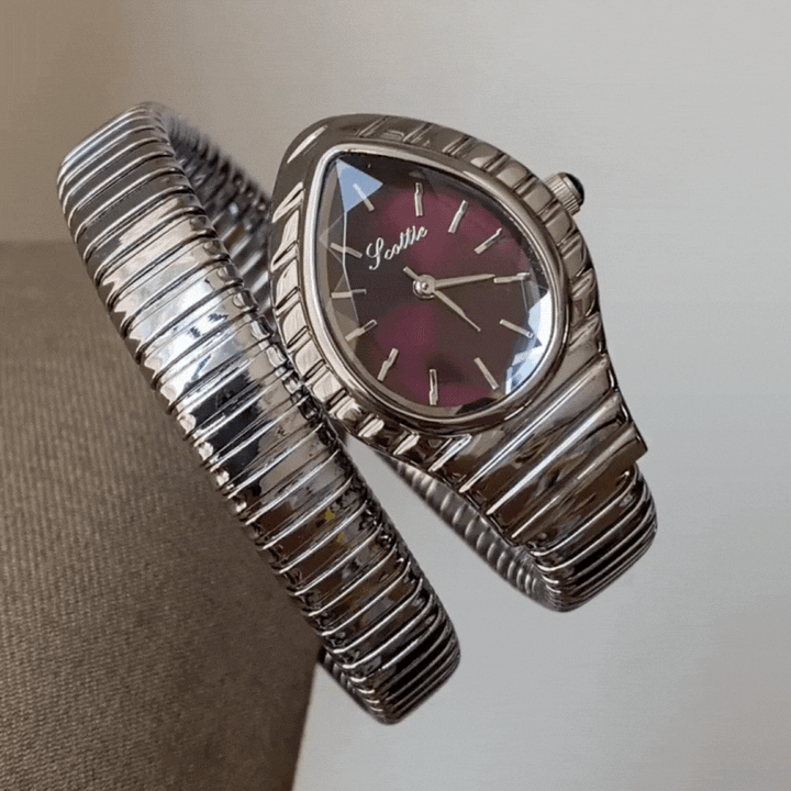 Relógio de pulso com bracelete de serpente prateada – mostrador roxo com cabeça de serpente, peça de moda
